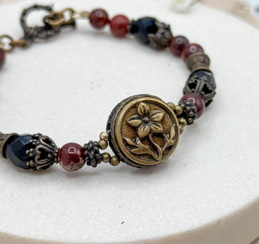 Antique Perfume Button Bracelet w Jasper beads and Victorian Button