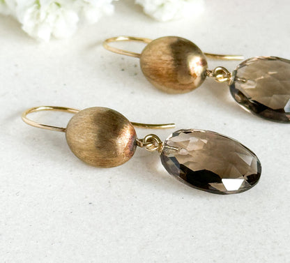Vintage Smoky Quartz Drop Earrings in 14K Yellow Gold