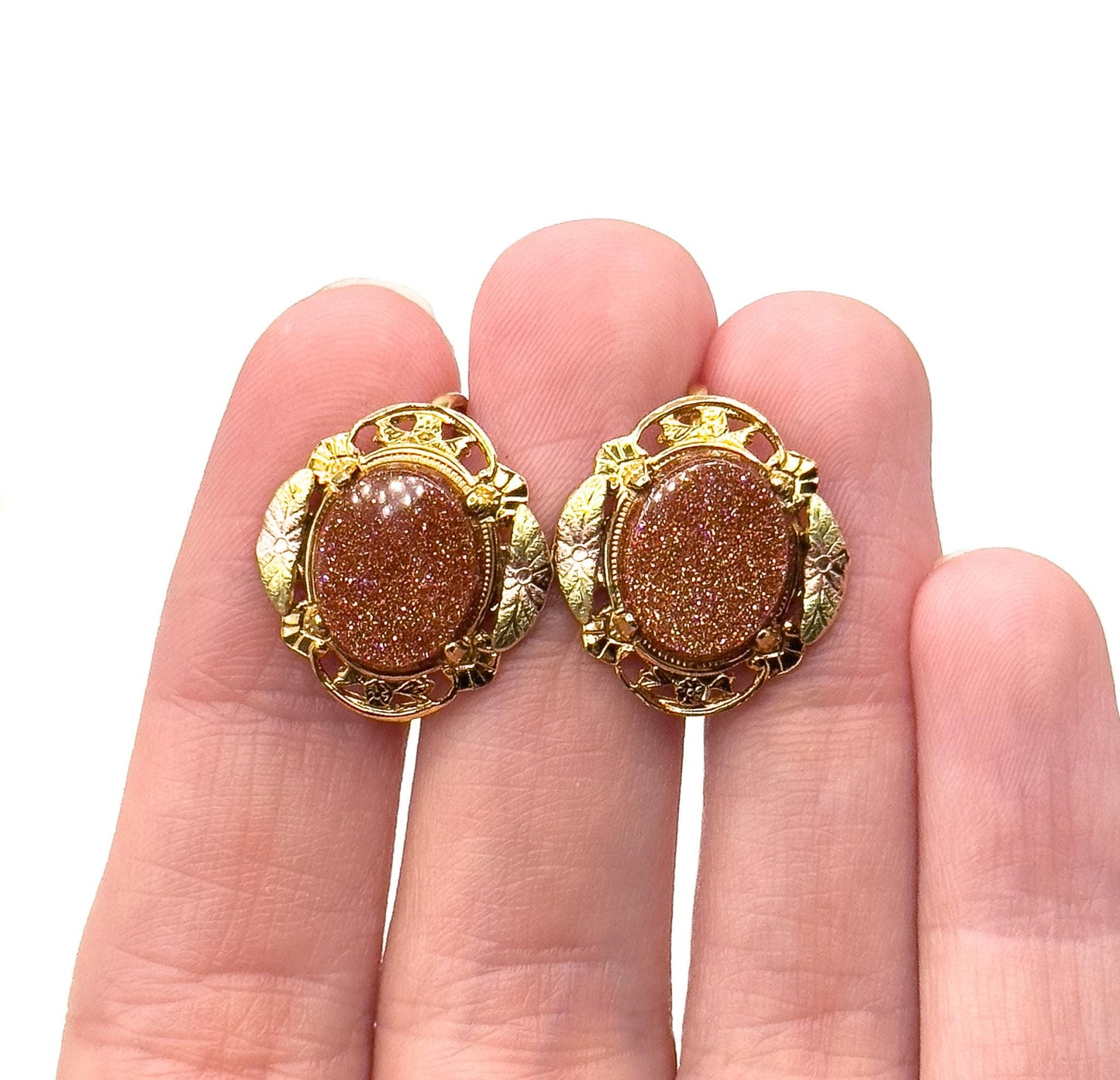 Vintage Goldstone Screw Back Earrings Black Hills Gold Style