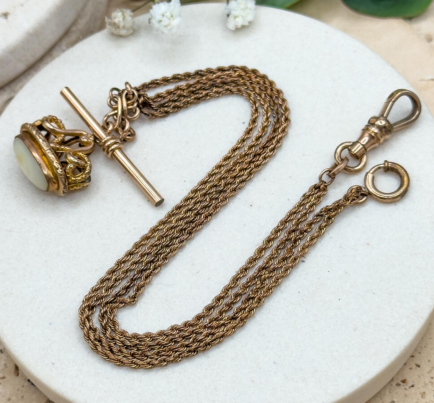 Antique Watch Fob Pendant with T-Bar on Chain Necklace