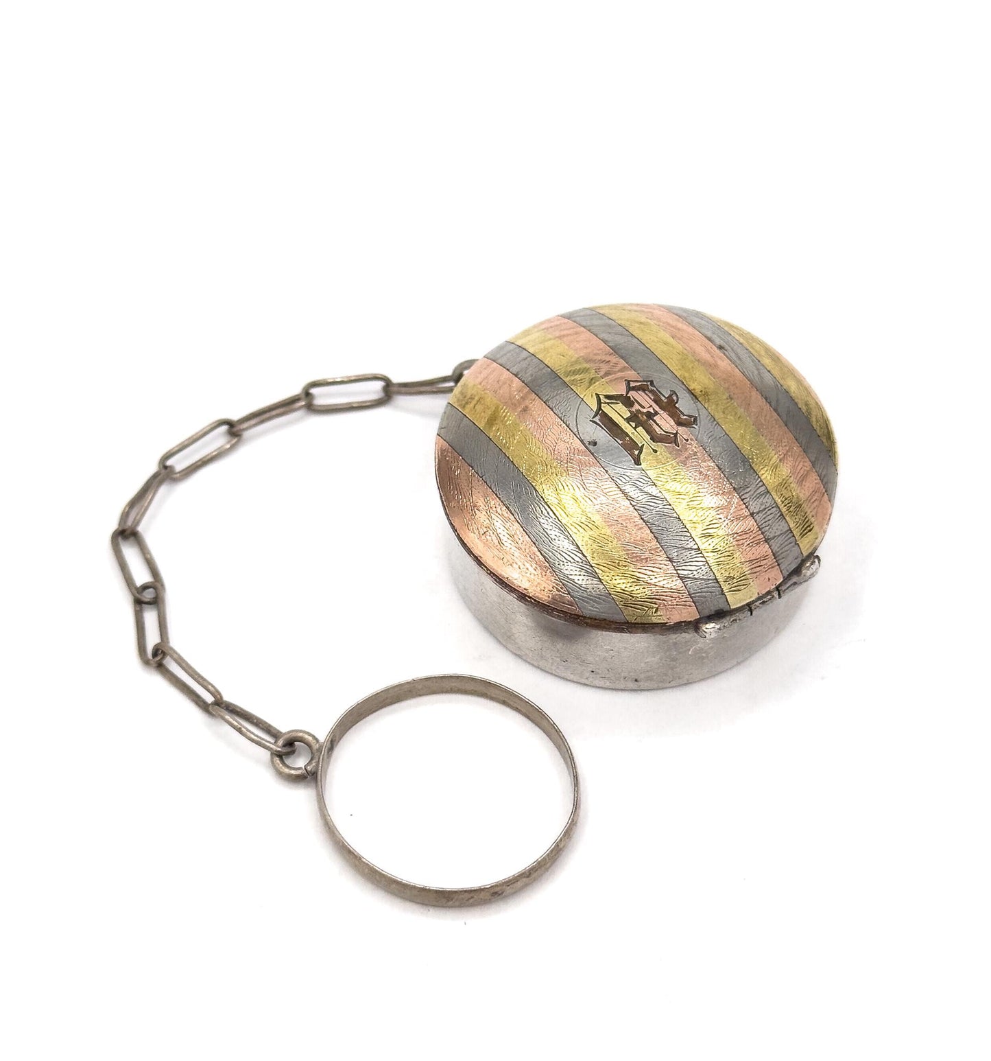 Antique Monogram M Chatelaine Compact Trinket Box in Sterling Silver Tri-tone gold