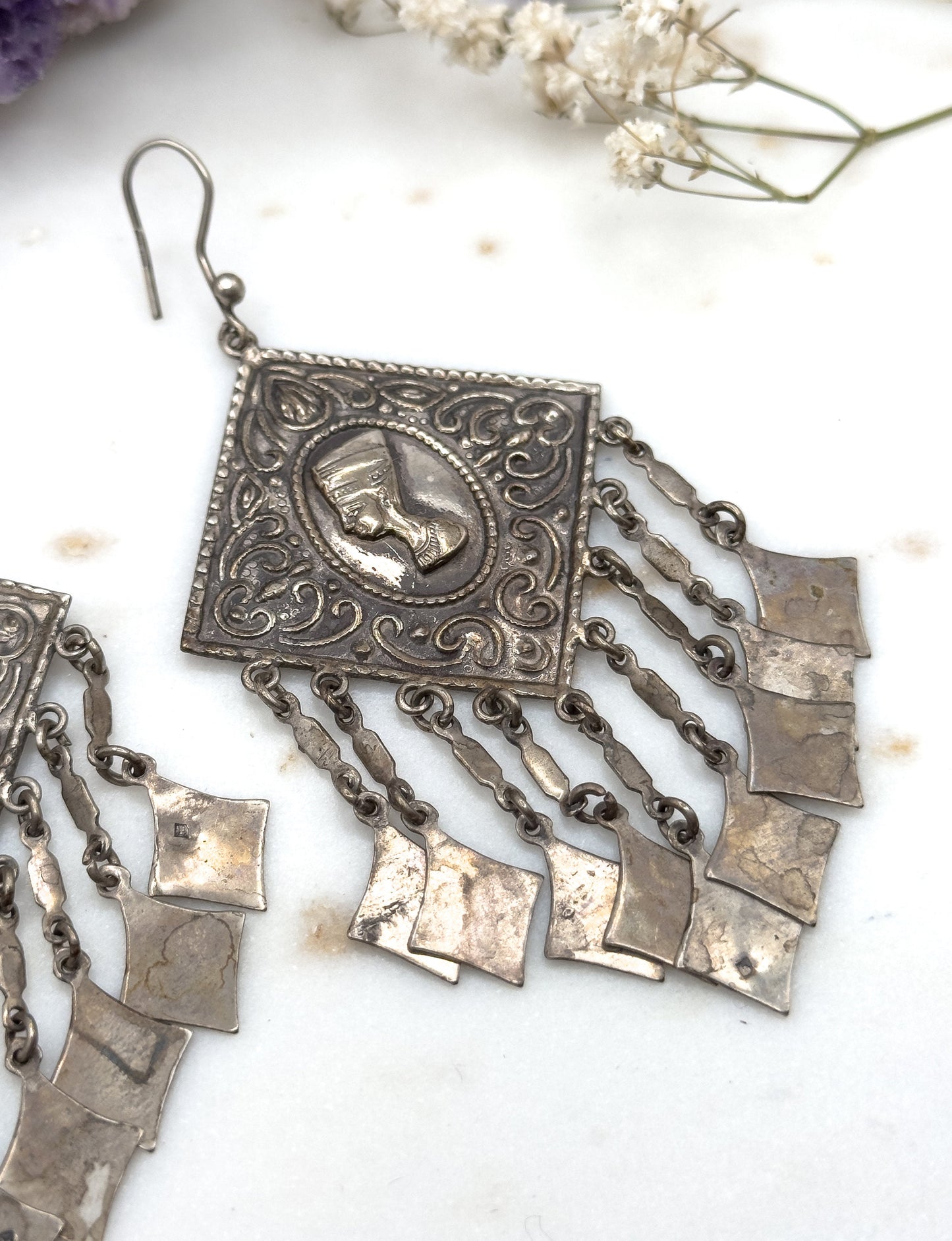 HUGE Vintage Egyptian revival earrings, Silver egyptian revival Nefertiti earrings 1970s