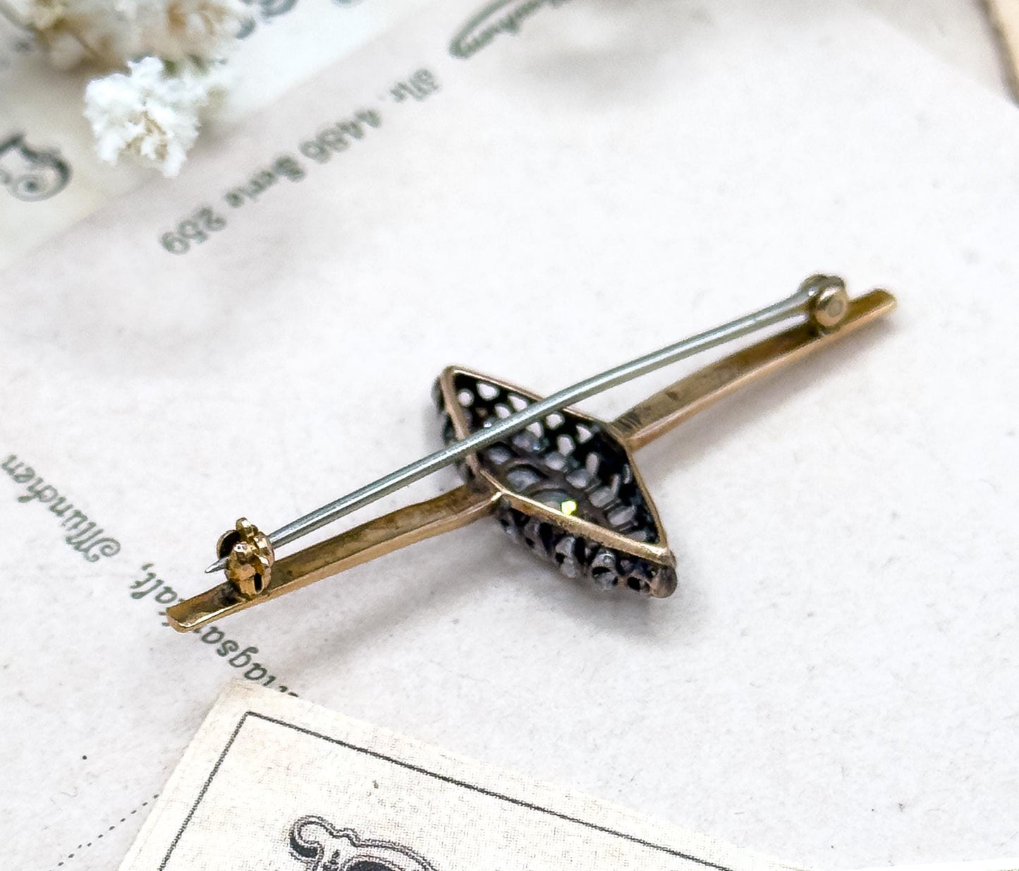 Victorian Rose Cut Diamond Navette Pin Conversion Cobblestone  Bar Pin