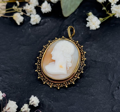 Antique Carved Shell Cameo in 15K Yellow Gold Cameo Pendant for Necklace Left Facing