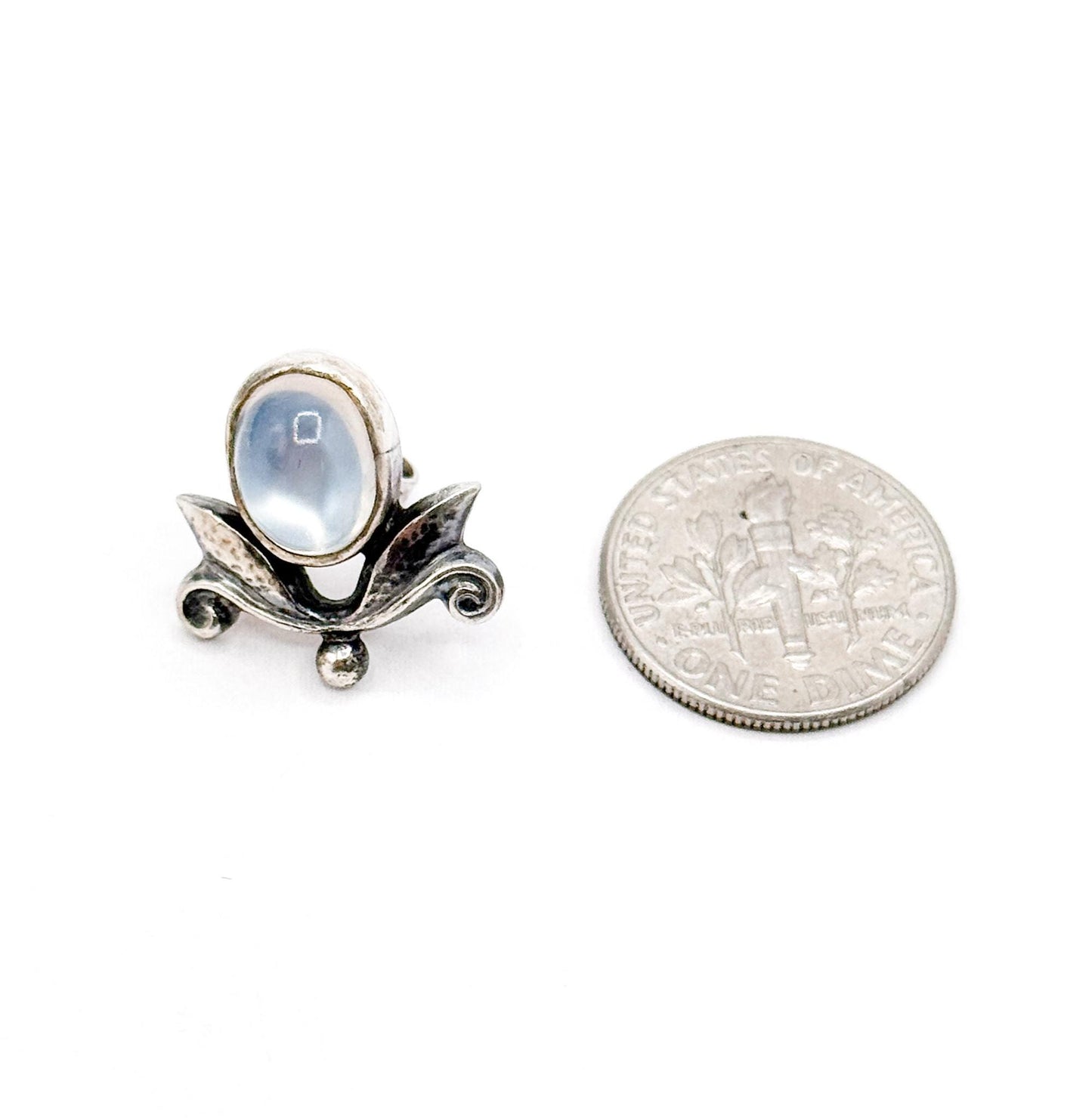 Vintage Art Nouveau Moonstone Stud Earrings: Silver Foliate Floral Design