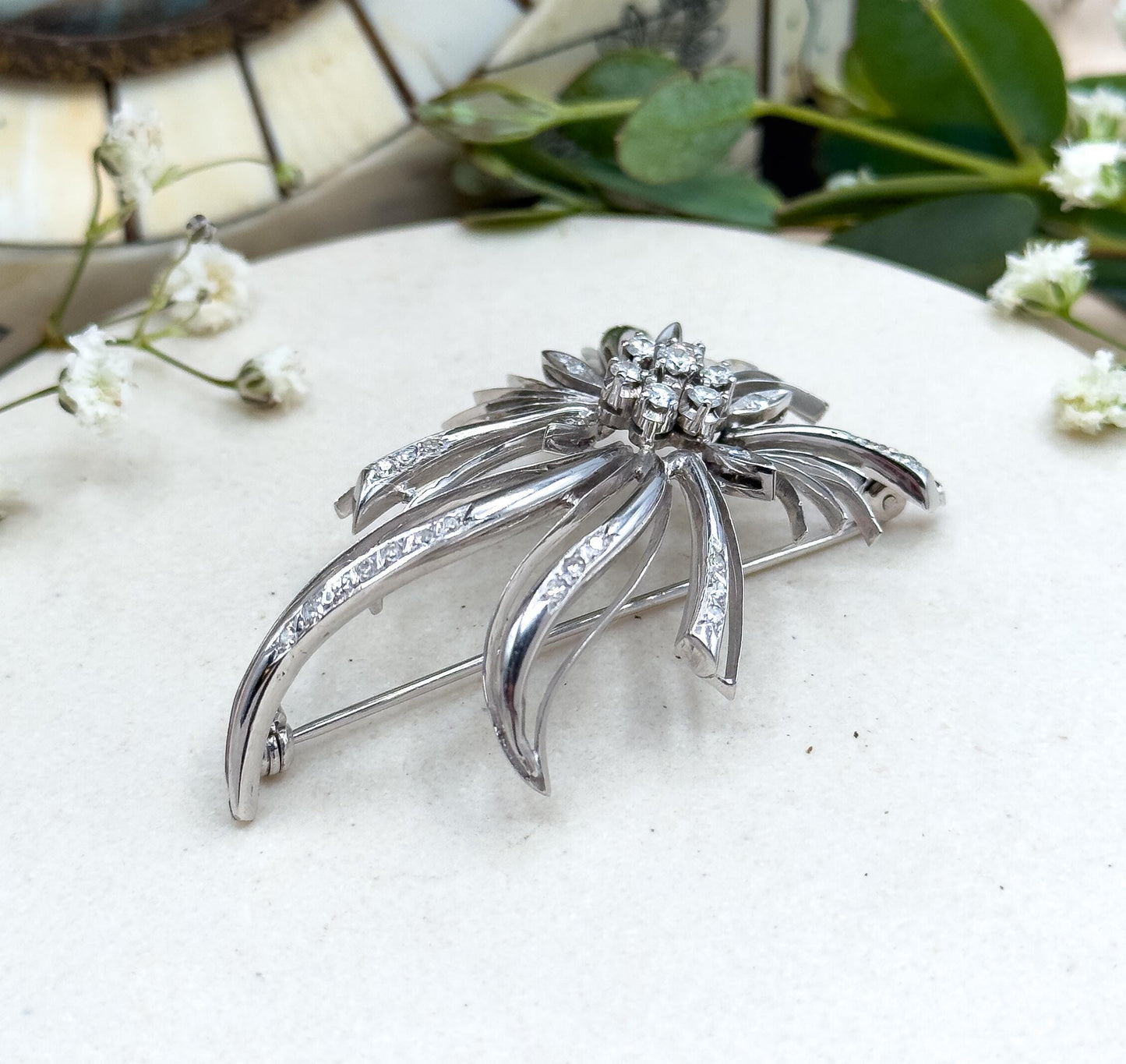 Vintage Diamond Brooch in 18K White Gold Mid Century Brooch Starburst