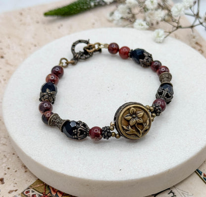 Antique Perfume Button Bracelet w Jasper beads and Victorian Button