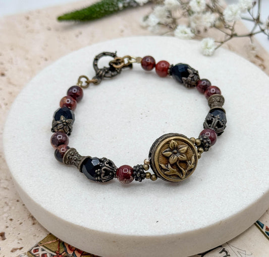 Antique Perfume Button Bracelet w Jasper beads and Victorian Button