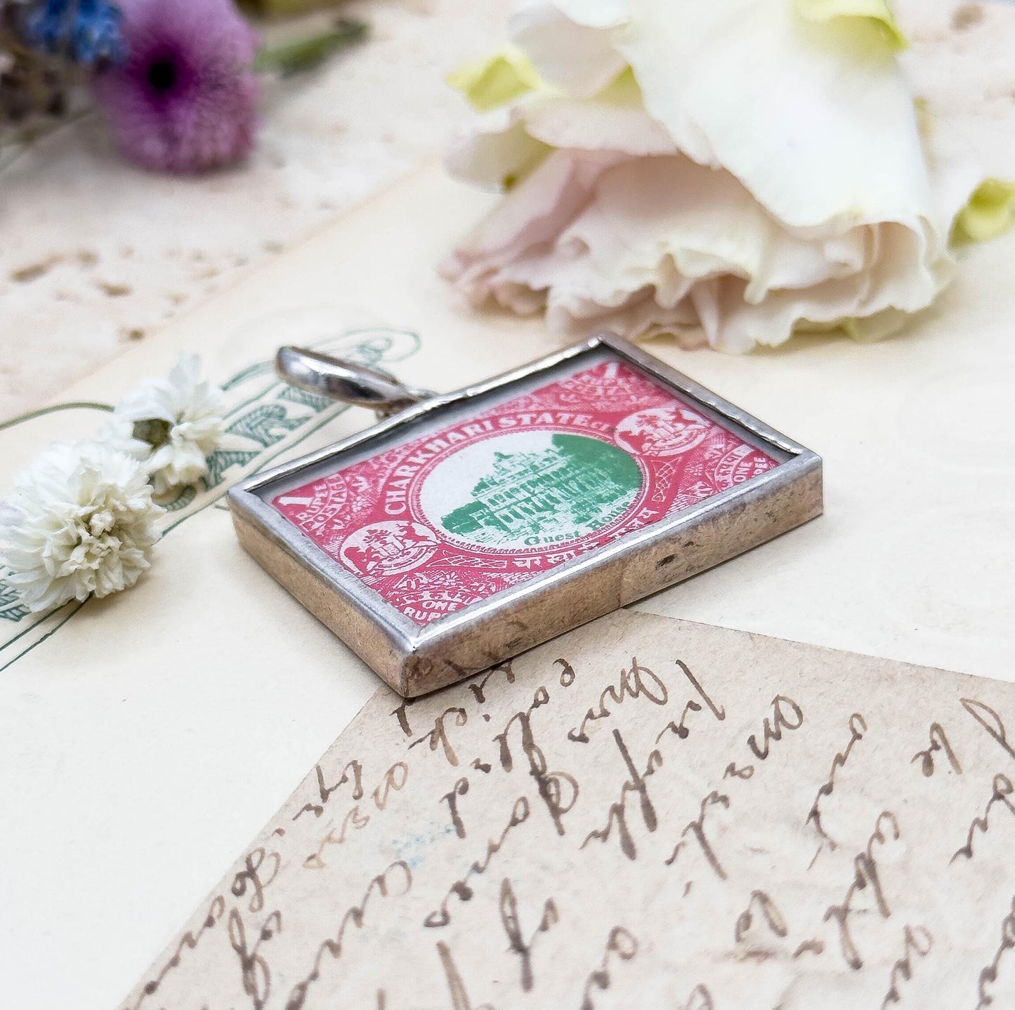 Vintage India Charkhari State Postage Stamp In Silver Frame Pendant Antique Stamp