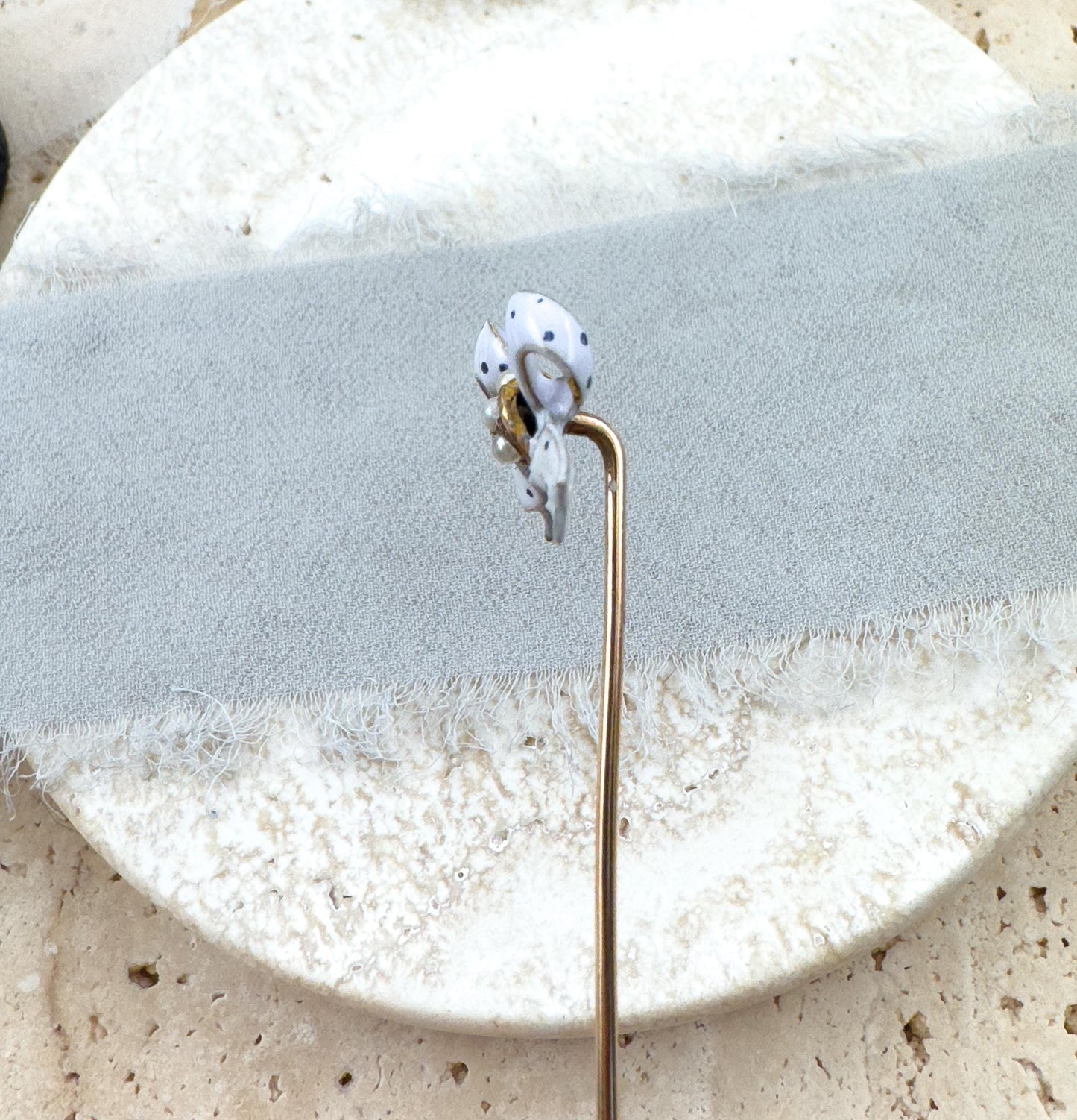 Victorian Bow Pin with Polka Dot Enamel & Seed Pearls in 15K Gold