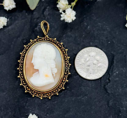 Antique Carved Shell Cameo in 15K Yellow Gold Cameo Pendant for Necklace Left Facing