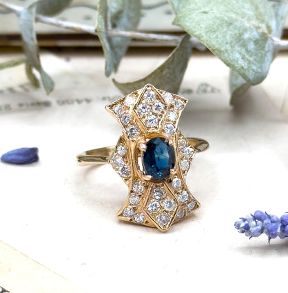 Vintage Pave Diamond & Blue Sapphire Shield ring in 14K Yellow Gold