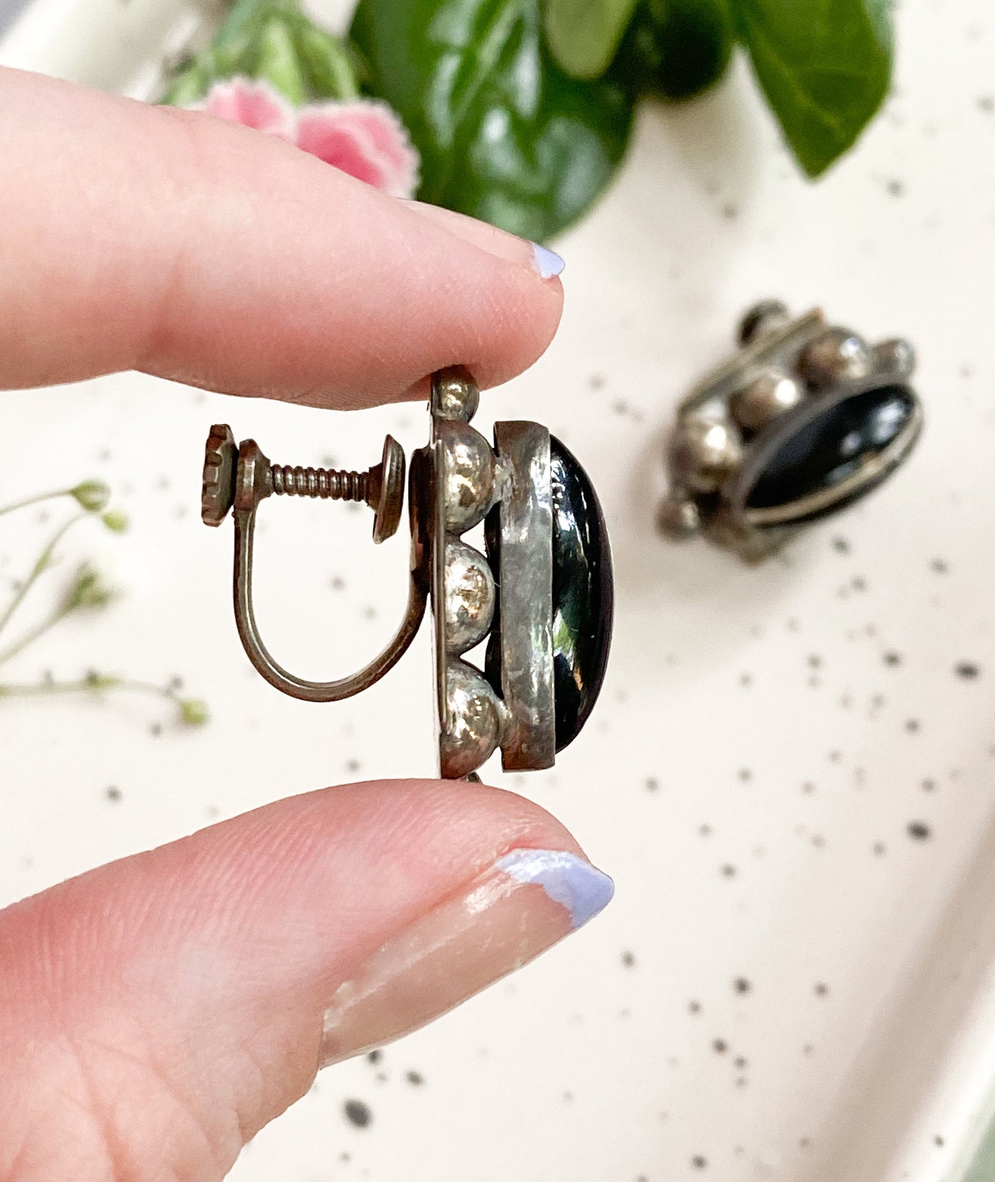 1940s Vintage Chunky Silver and Onyx earrings, screw back, 1930s Mexico