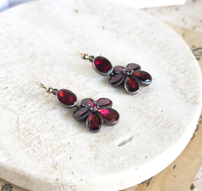 Antique Georgian Garnet Pansy Earrings Flat Cut Garnets