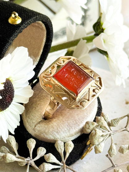 Vintage Intaglio Ring in 18K Gold, Wax Seal Signet Ring in Arabic Script