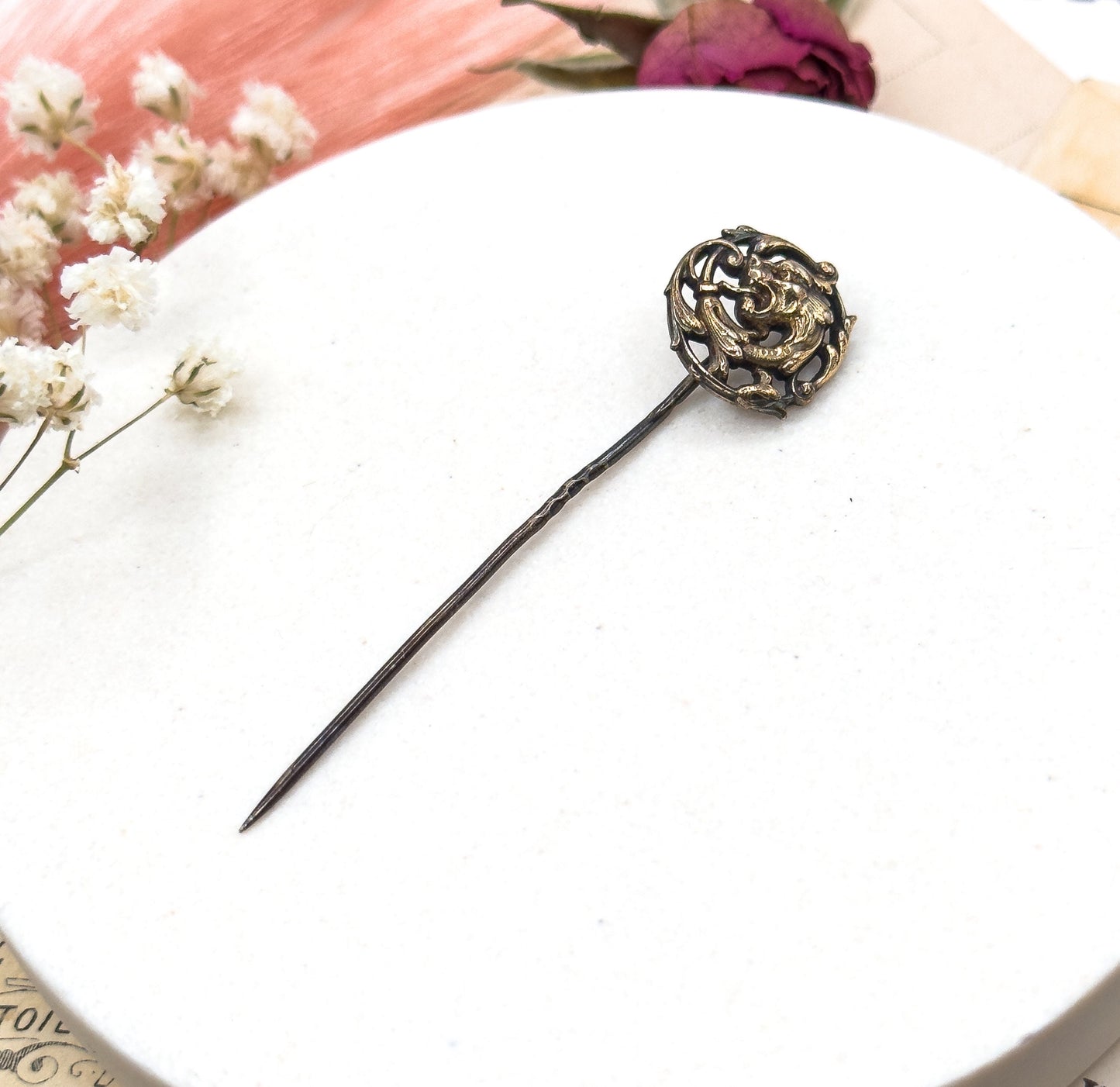 Antique Art Nouveau French Dragon Stick Pin, Silver with Gold wash