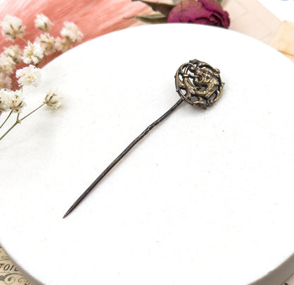 Antique Art Nouveau French Dragon Stick Pin, Silver with Gold wash