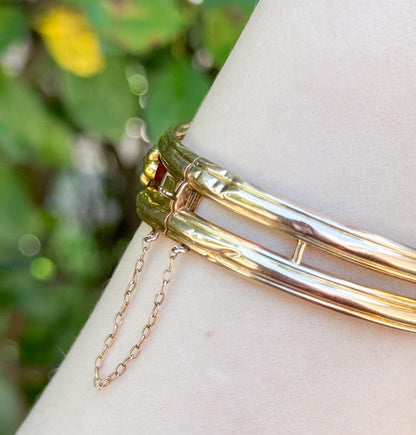 Antique 9ct Gold Garnet Bangle Bracelet: Victorian Rose Cut Diamond Jewelry