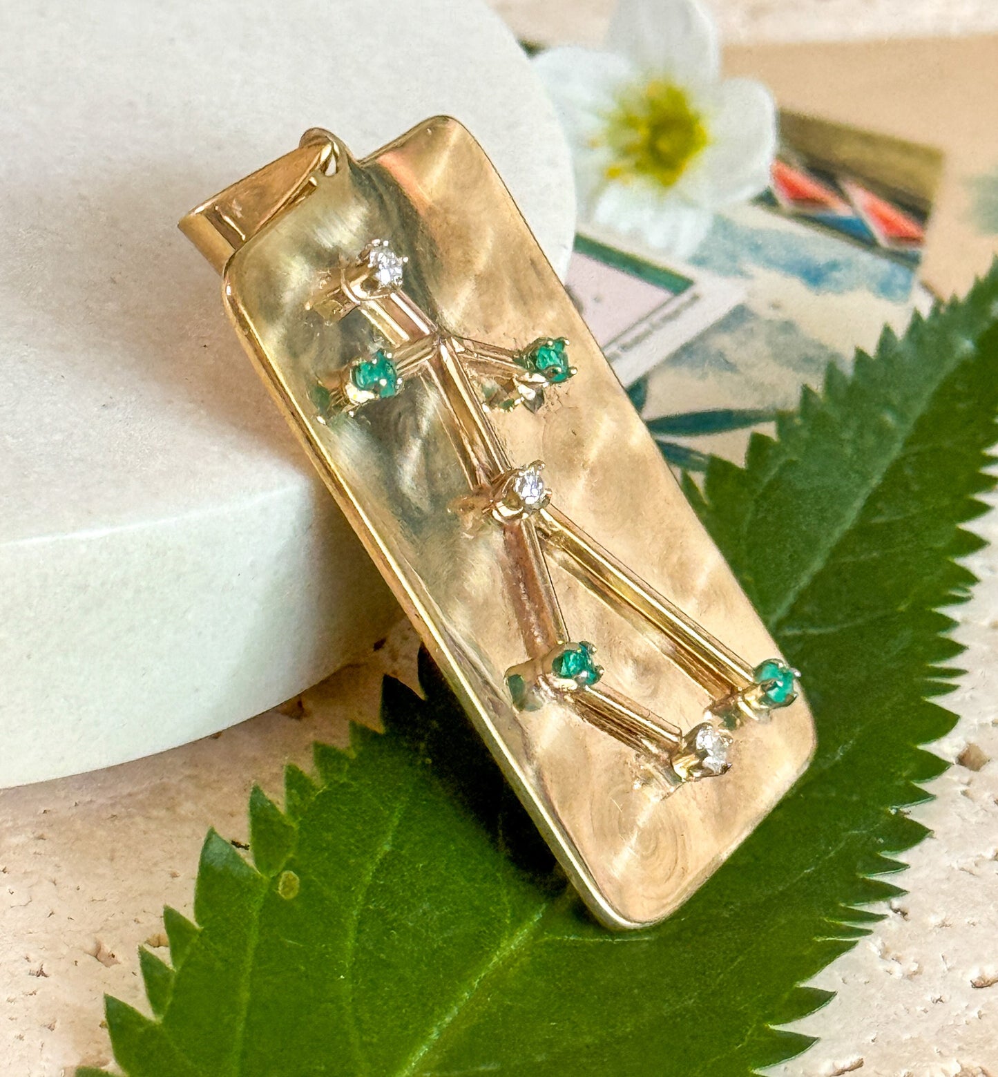 Unique Vintage Figure Pendant with Emerald & Diamonds in 14K Gold