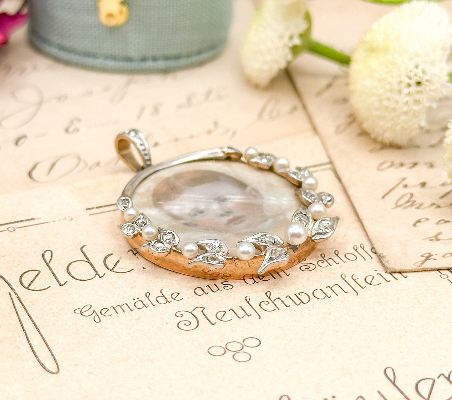 Antique watercolor portrait miniature in Platinum and 14k Gold Edwardian Portrait Pendant Locket