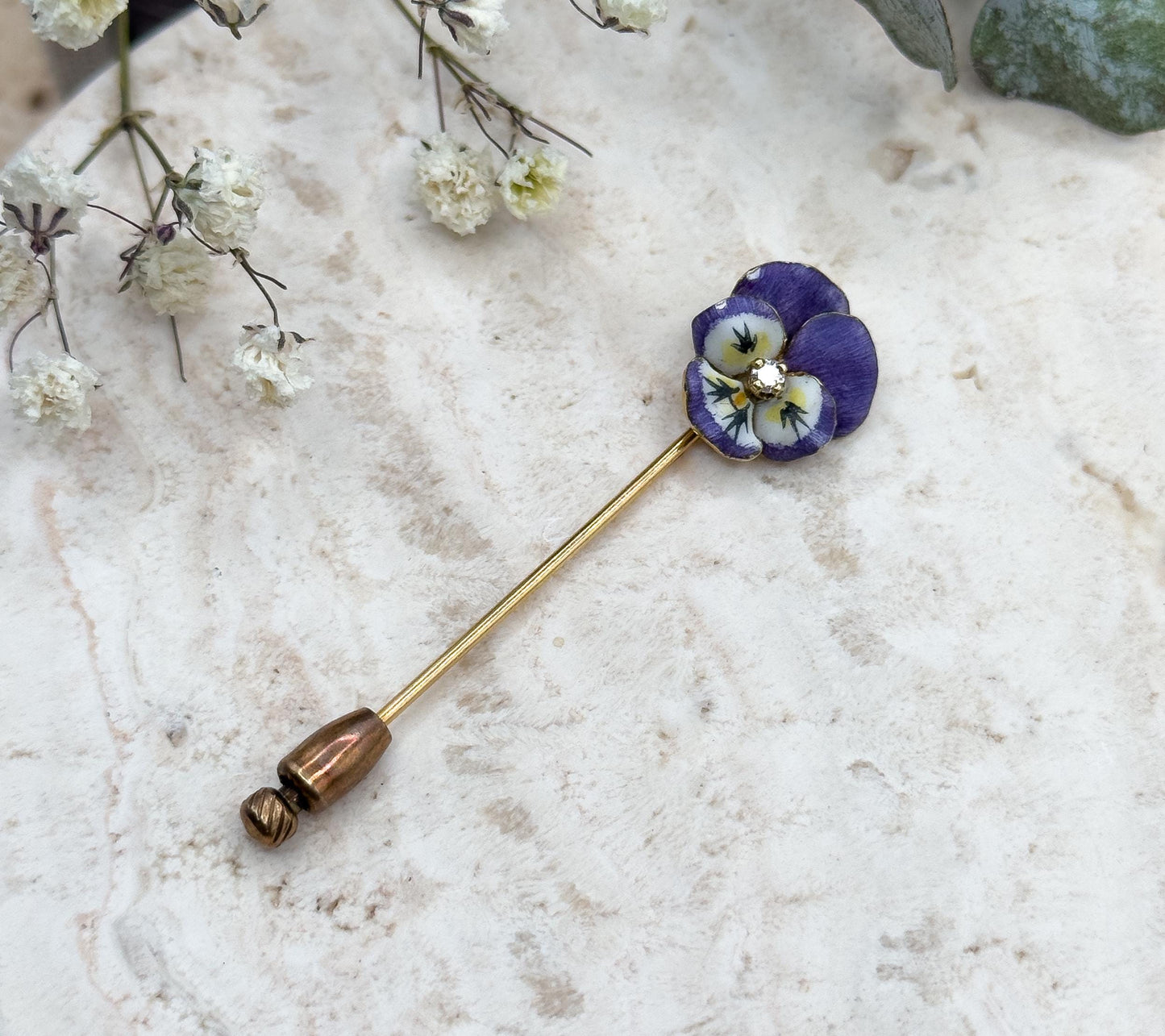 Victorian Pansy Stickpin with Antique Diamond in 14K Yellow Gold Purple Enamel
