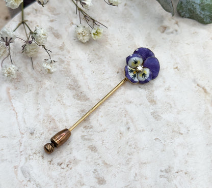 Victorian Pansy Stickpin with Antique Diamond in 14K Yellow Gold Purple Enamel