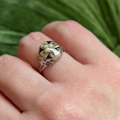 Art Deco Diamond & Synthetic Sapphire Ring in 18K White Gold — view 12 of 12