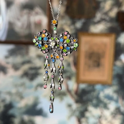Antique Harlequin Paste Bow Drop Necklace in Sterling Silver