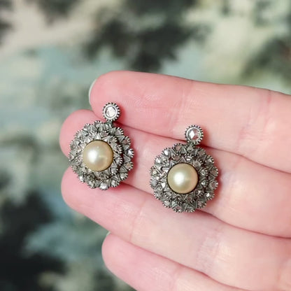 Antique Pearl & Rose Cut Diamond Double Halo Earrings in 14K Two-Tone Gold