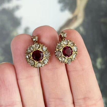 Antique Pink Rubellite Tourmaline & Rose Cut Diamond Leverback Earrings in Gold