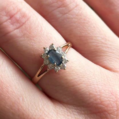 Vintage Oval Sapphire Ring with Synthetic Gem Halo in 10K Gold