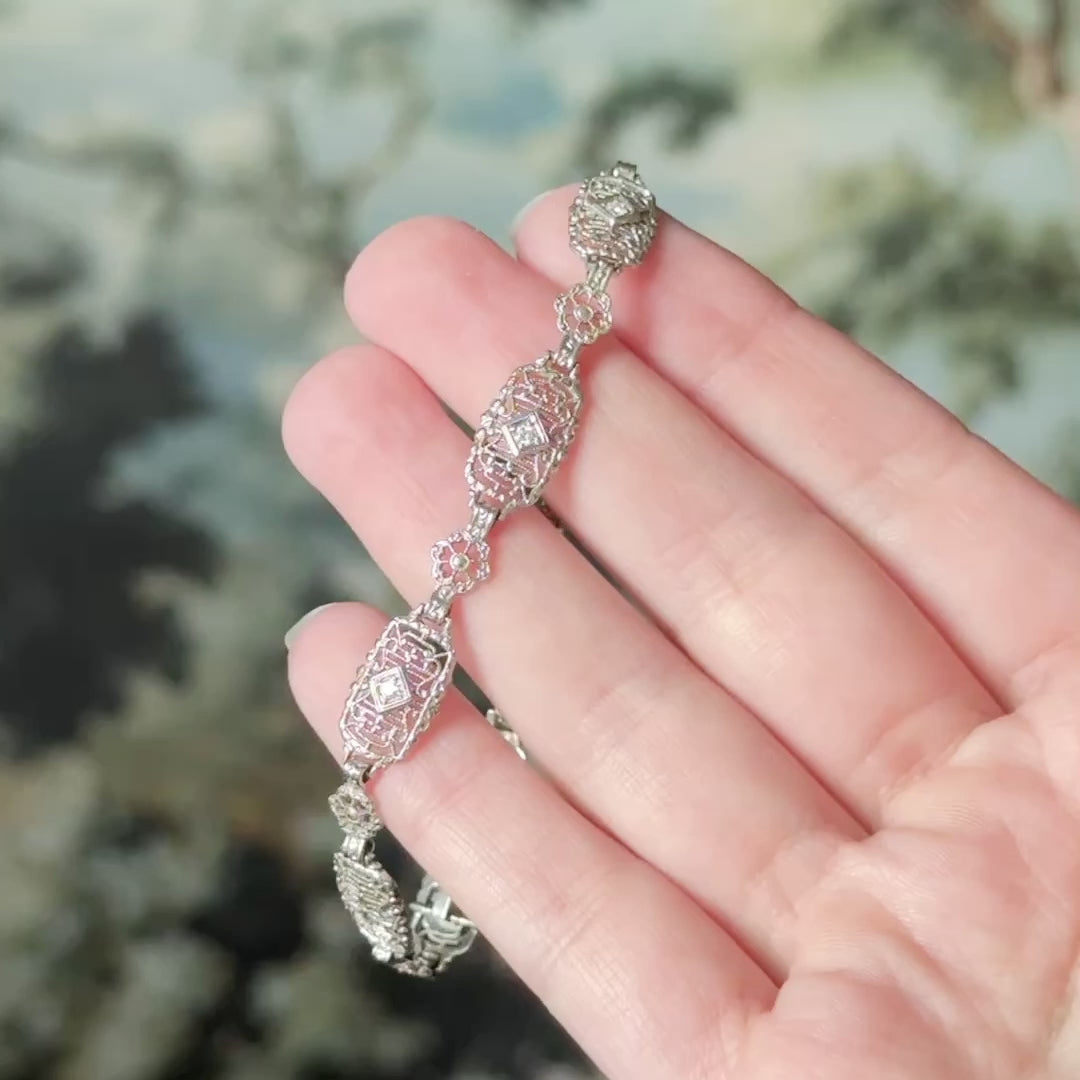 Art Deco Diamond Filigree Bracelet in 14K White Gold — view 13 of 13