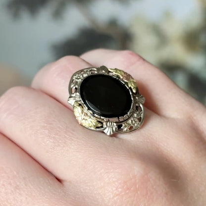 Mid-Century Black Onyx Ring in Sterling Silver with 10K Black Hills Gold