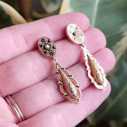 Antique Victorian taille d'épargne Drop Stud Earrings in 14K Yellow Gold