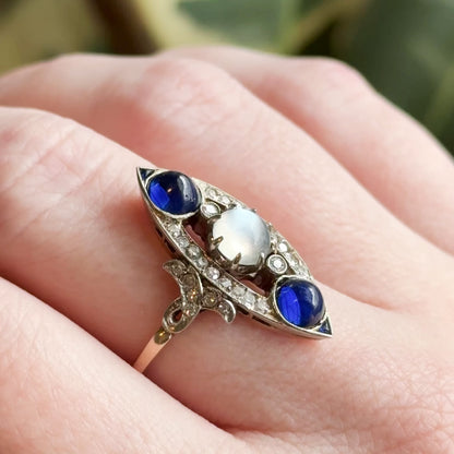 Antique Cabochon Sapphire, Moonstone & Diamond Navette Ring in 14K