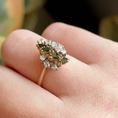 Vintage Green Tourmaline Marquise & Diamond Cluster Ring in 14K