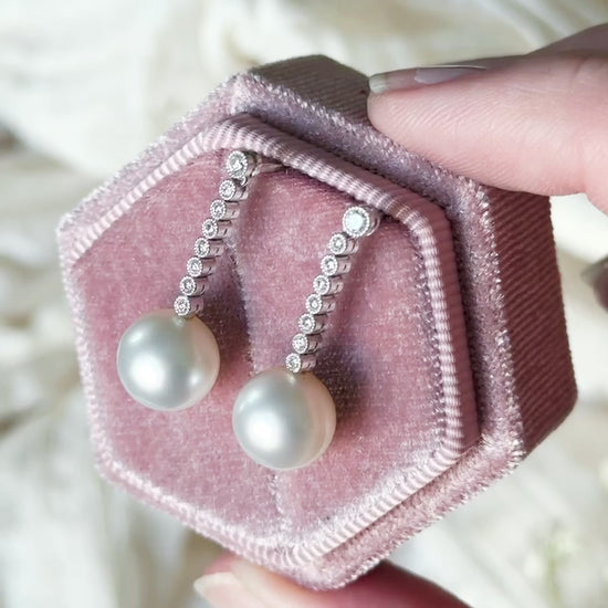 Contemporary Cultured Pearl & Diamond Drop Earrings in Platinum — view 11 of 11