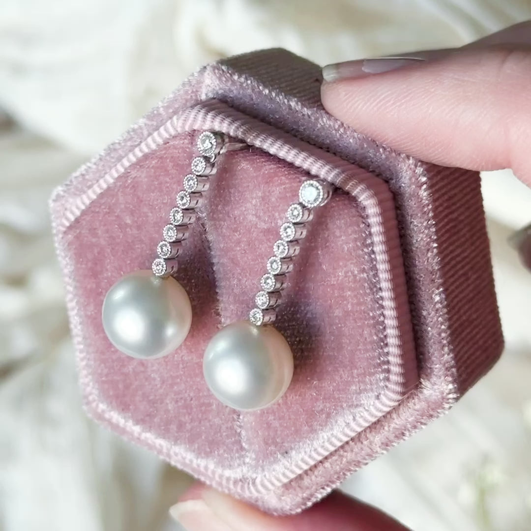 Contemporary Cultured Pearl & Diamond Drop Earrings in Platinum — view 11 of 11