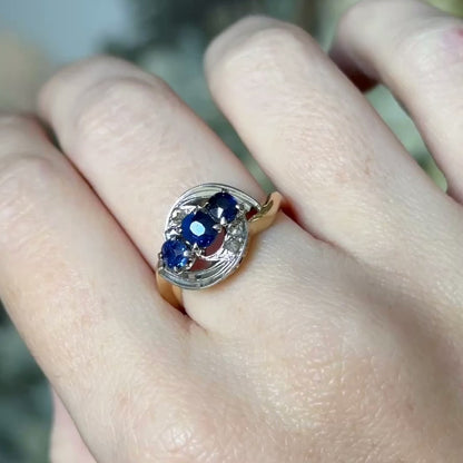Retro Blue Sapphire & Rose Cut Diamond Bypass Ring in 14K Two-Tone Gold