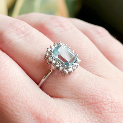 Vintage Blue Topaz & Diamond Halo Ring in 14K White Gold