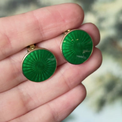 Norwegian green Guilloche clip on earrings in Vermeil