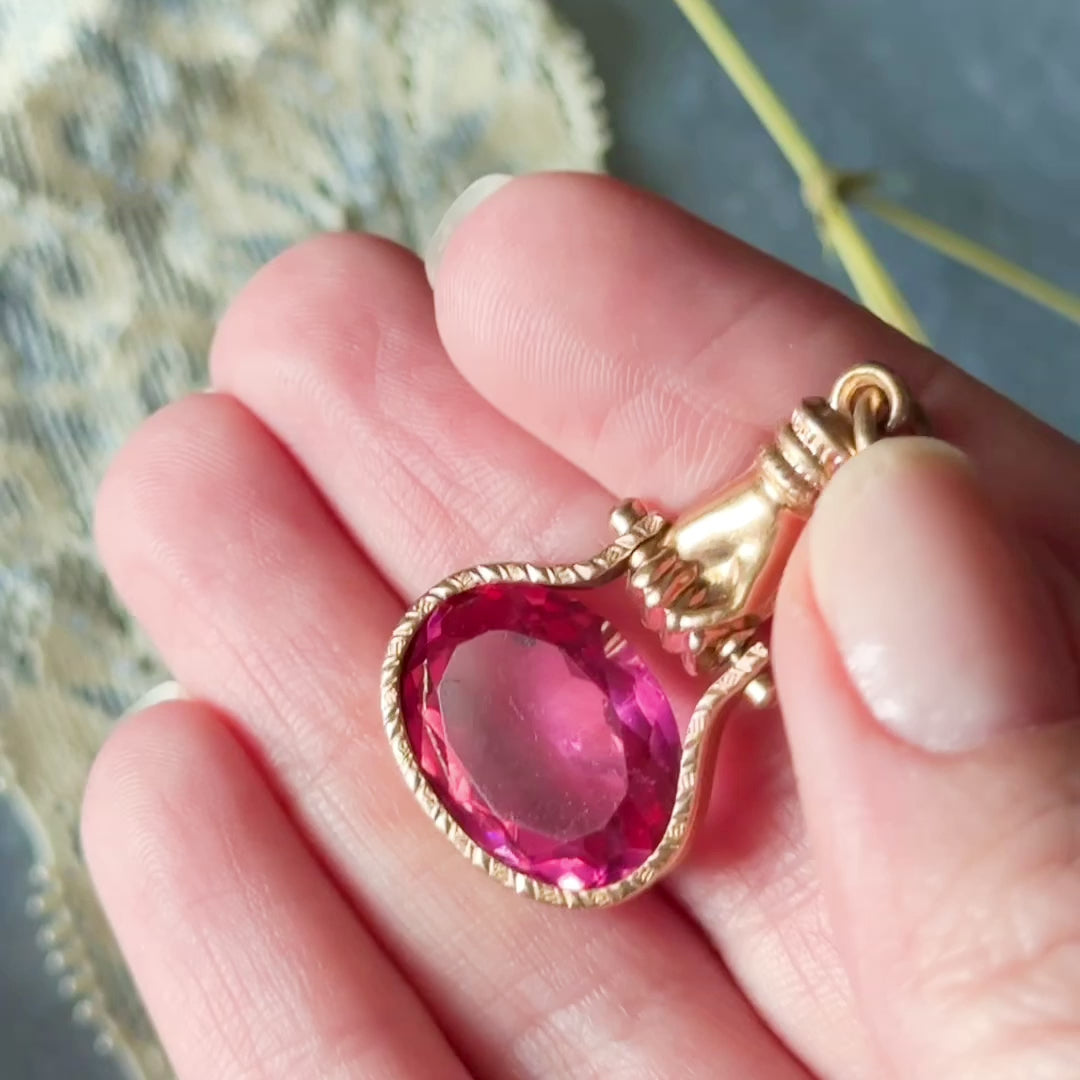 Edwardian Pink Glass Hand Fob in Base Metal — view 11 of 11