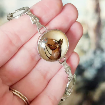 Mid-Century Reverse Painted Horse Bracelet in Silver Tone Metal
