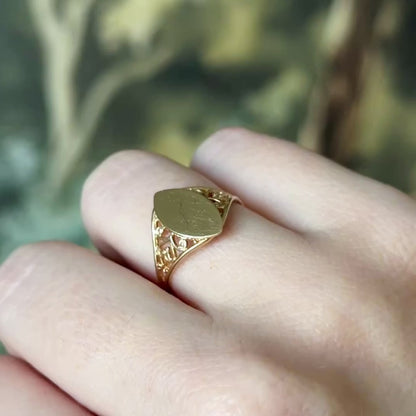 Vintage Engraved Navette Shaped Signet Ring in 10K Gold