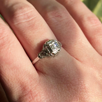 Art Deco Diamond Solitaire Ring in 18K White Gold