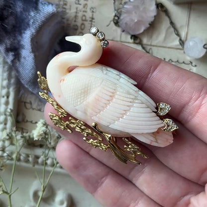 Mid-Century Carved Coral Swan & Diamond Brooch in 14K Gold