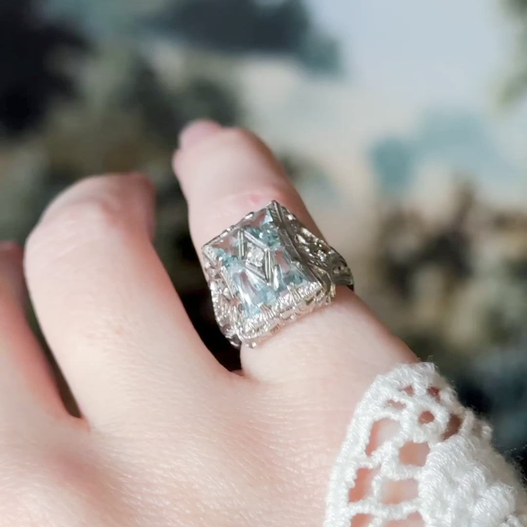 Art Deco Aquamarine & Diamond Filigree Ring in 14K White Gold — view 13 of 13