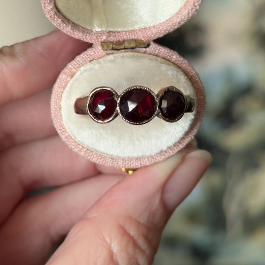 Victorian Rose Cut Garnet Three-Stone Ring in 9K Yellow Gold — view 15 of 15