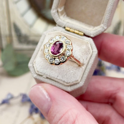 Vintage Pink Tourmaline & Diamond Halo Ring in 14K Yellow Gold