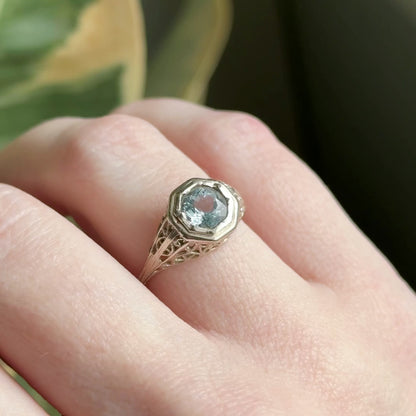 Art Deco Filigree Aquamarine Ring in 14K White Gold  - As found